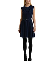 Lauren Ralph Lauren Velvet Pleated Round Neck Cap Sleeve Belted Fit & Flare Dress