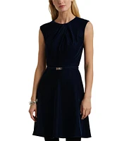 Lauren Ralph Lauren Velvet Pleated Round Neck Cap Sleeve Belted Fit & Flare Dress