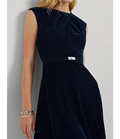 Lauren Ralph Lauren Velvet Pleated Round Neck Cap Sleeve Belted Fit & Flare Dress