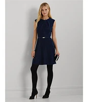 Lauren Ralph Lauren Velvet Pleated Round Neck Cap Sleeve Belted Fit & Flare Dress