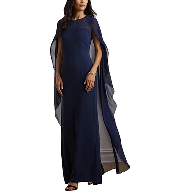 Lauren Ralph Lauren Georgette Boat Neck Sleeveless Overlay Cap Column Gown