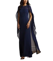 Lauren Ralph Lauren Georgette Boat Neck Sleeveless Overlay Cap Column Gown