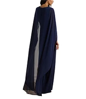 Lauren Ralph Lauren Georgette Boat Neck Sleeveless Overlay Cap Column Gown