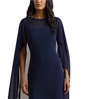 Lauren Ralph Lauren Georgette Boat Neck Sleeveless Overlay Cap Column Gown