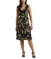 Lauren Ralph Lauren Knee Length Floral Ruffle V-Neck Belted Dress