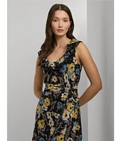 Lauren Ralph Lauren Knee Length Floral Ruffle V-Neck Belted Dress