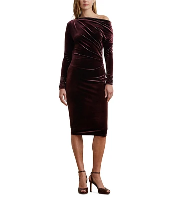 Lauren Ralph Lauren Lendiva Velvet One Shoulder Long Sleeve Pleated Dress