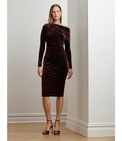 Lauren Ralph Lauren Lendiva Velvet One Shoulder Long Sleeve Pleated Dress