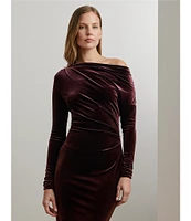 Lauren Ralph Lauren Lendiva Velvet One Shoulder Long Sleeve Pleated Dress