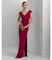 Lauren Ralph Lauren Leonidas V-Neck Cap Sleeve Twist Front Gown