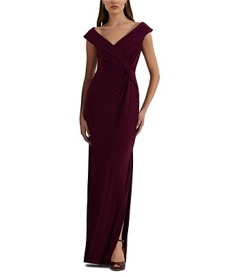 Lauren Ralph Lauren Leonidas V-Neck Cap Sleeve Twist Front Gown