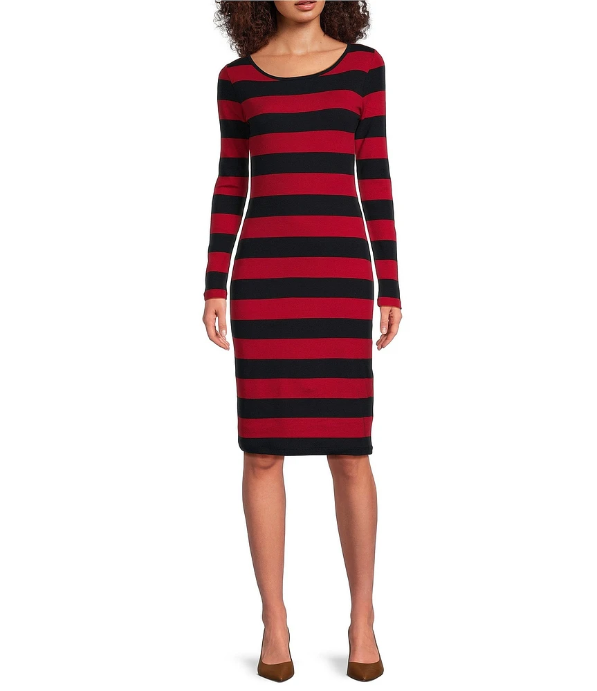 Lauren Ralph Lauren Lileah Stretch Cotton Rib Knit Stripe Print Scoop Neck Long Sleeve Sheath Dress