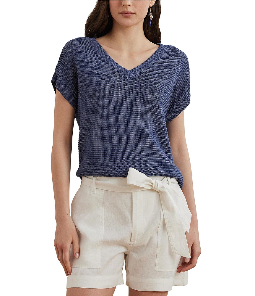 Lauren Ralph Lauren Linen Blend V-Neck Short Sleeve Sweater