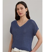 Lauren Ralph Lauren Linen Blend V-Neck Short Sleeve Sweater