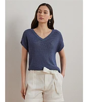 Lauren Ralph Lauren Linen Blend V-Neck Short Sleeve Sweater