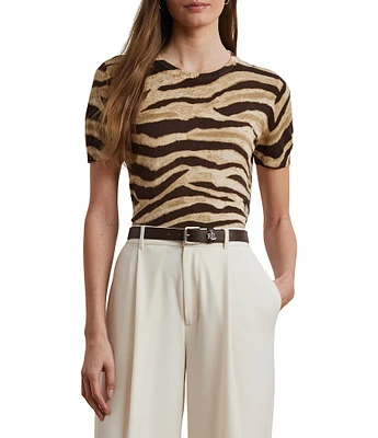 Lauren Ralph Lauren Linen-Cotton Zebra Print Ribbed Crew Neck Short Sleeve Sweater