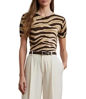 Lauren Ralph Lauren Linen-Cotton Zebra Print Ribbed Crew Neck Short Sleeve Sweater