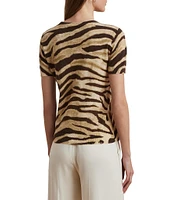 Lauren Ralph Lauren Linen-Cotton Zebra Print Ribbed Crew Neck Short Sleeve Sweater