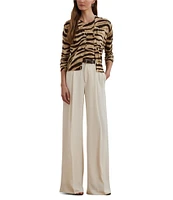 Lauren Ralph Lauren Linen-Cotton Zebra Print Ribbed Crew Neck Short Sleeve Sweater