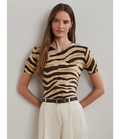 Lauren Ralph Lauren Linen-Cotton Zebra Print Ribbed Crew Neck Short Sleeve Sweater