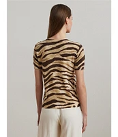 Lauren Ralph Lauren Linen-Cotton Zebra Print Ribbed Crew Neck Short Sleeve Sweater