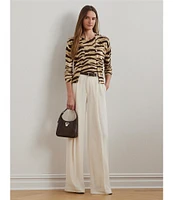 Lauren Ralph Lauren Linen-Cotton Zebra Print Ribbed Crew Neck Short Sleeve Sweater