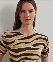 Lauren Ralph Lauren Linen-Cotton Zebra Print Ribbed Crew Neck Short Sleeve Sweater