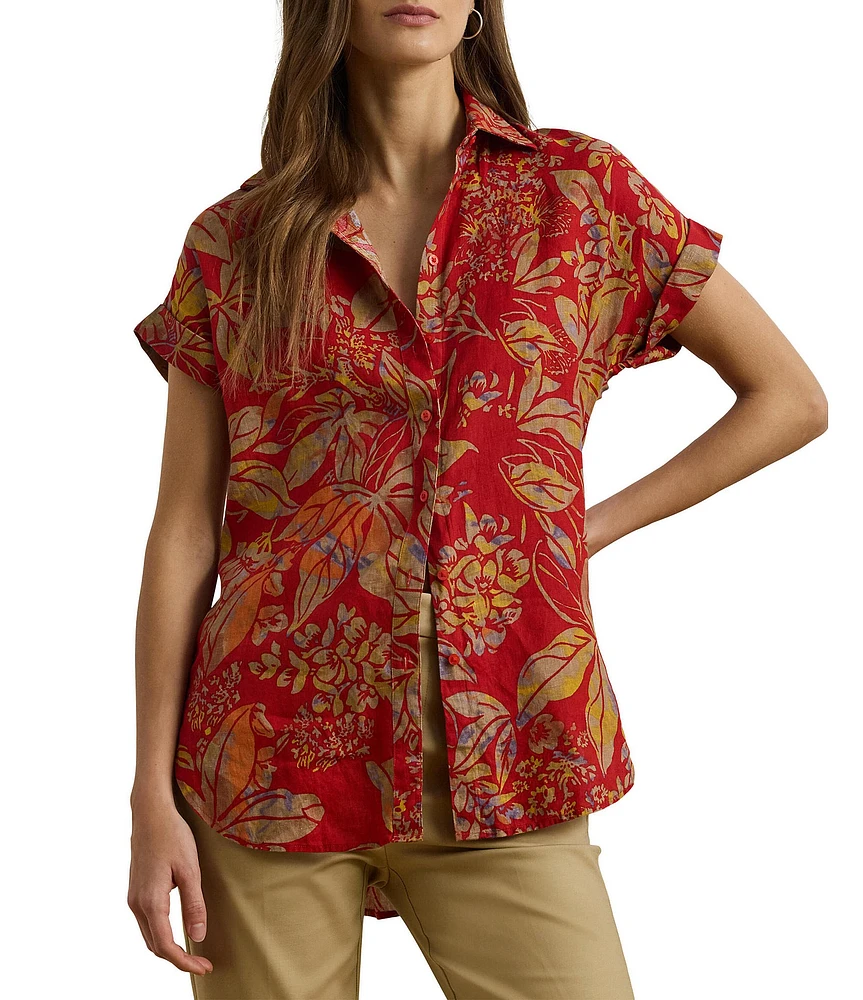 Lauren Ralph Lauren Linen Floral Point Collar Short Cuff Sleeve Shirttail Hem Button Front Shirt