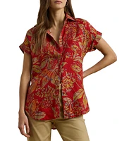 Lauren Ralph Lauren Linen Floral Point Collar Short Cuff Sleeve Shirttail Hem Button Front Shirt