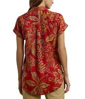 Lauren Ralph Lauren Linen Floral Point Collar Short Cuff Sleeve Shirttail Hem Button Front Shirt