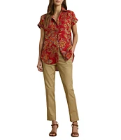 Lauren Ralph Lauren Linen Floral Point Collar Short Cuff Sleeve Shirttail Hem Button Front Shirt