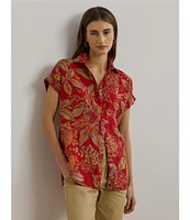Lauren Ralph Lauren Linen Floral Point Collar Short Cuff Sleeve Shirttail Hem Button Front Shirt