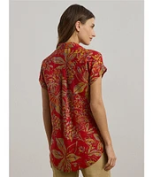 Lauren Ralph Lauren Linen Floral Point Collar Short Cuff Sleeve Shirttail Hem Button Front Shirt