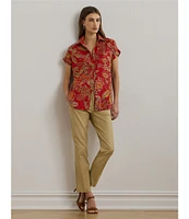 Lauren Ralph Lauren Linen Floral Point Collar Short Cuff Sleeve Shirttail Hem Button Front Shirt