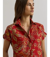 Lauren Ralph Lauren Linen Floral Point Collar Short Cuff Sleeve Shirttail Hem Button Front Shirt