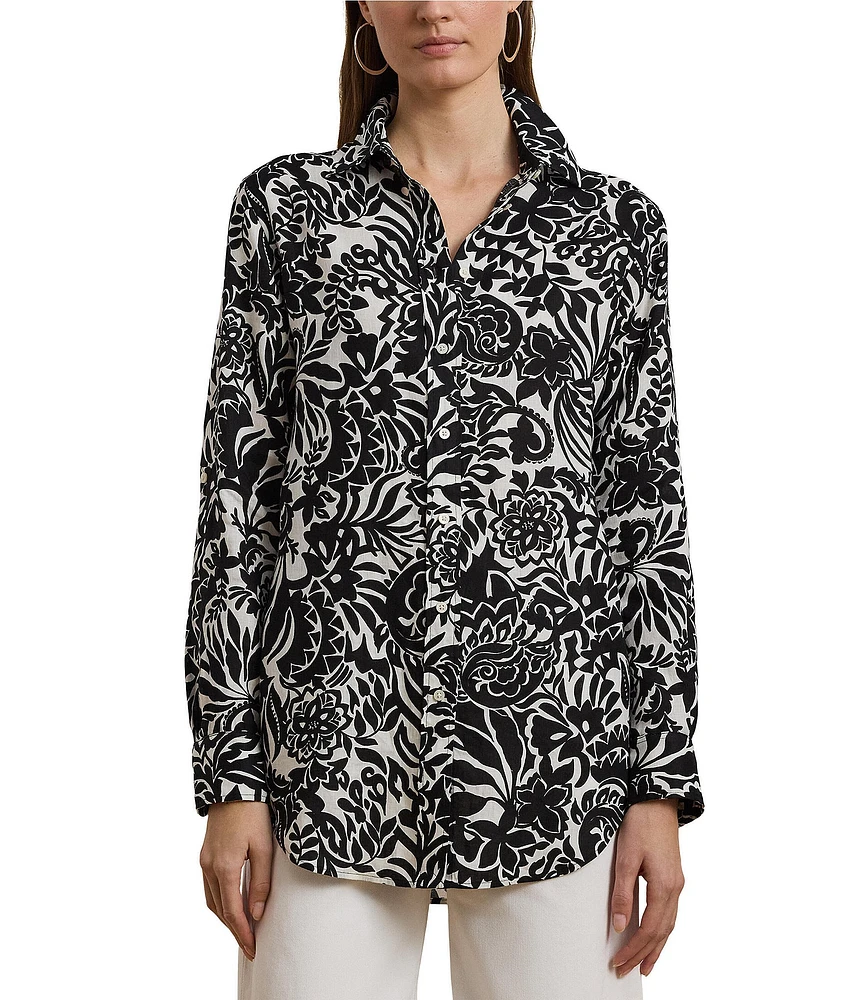 Lauren Ralph Lauren Linen Floral Print Point Collar Long Sleeve Shirt