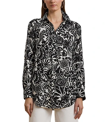 Lauren Ralph Lauren Linen Floral Print Point Collar Long Sleeve Shirt