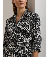 Lauren Ralph Lauren Linen Floral Print Point Collar Long Sleeve Shirt
