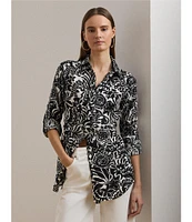 Lauren Ralph Lauren Linen Floral Print Point Collar Long Sleeve Shirt