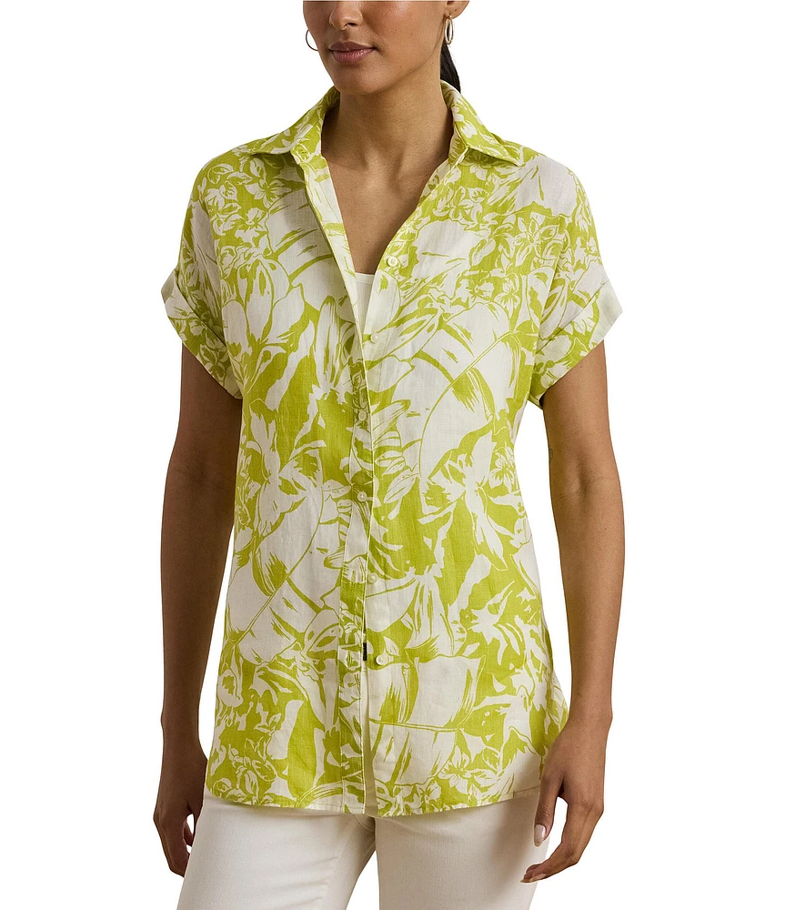 Lauren Ralph Lauren Linen Floral Print Point Collar Short Sleeve Shirt