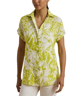 Lauren Ralph Lauren Linen Floral Print Point Collar Short Sleeve Shirt