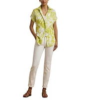 Lauren Ralph Lauren Linen Floral Print Point Collar Short Sleeve Shirt