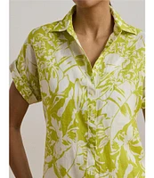 Lauren Ralph Lauren Linen Floral Print Point Collar Short Sleeve Shirt