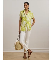 Lauren Ralph Lauren Linen Floral Print Point Collar Short Sleeve Shirt