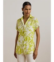 Lauren Ralph Lauren Linen Floral Print Point Collar Short Sleeve Shirt