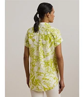 Lauren Ralph Lauren Linen Floral Print Point Collar Short Sleeve Shirt