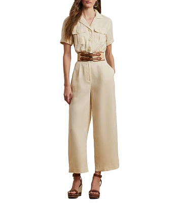 Lauren Ralph Lauren Linen Notch Collar Short Sleeve Embroidered Wide-Leg Jumpsuit
