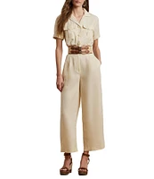Lauren Ralph Lauren Linen Notch Collar Short Sleeve Embroidered Wide-Leg Jumpsuit