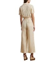 Lauren Ralph Lauren Linen Notch Collar Short Sleeve Embroidered Wide-Leg Jumpsuit
