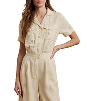 Lauren Ralph Lauren Linen Notch Collar Short Sleeve Embroidered Wide-Leg Jumpsuit